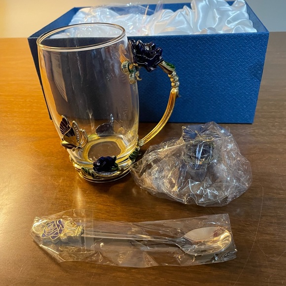 Glass Tea Cup,Coffee Mug Enamel Rose Flower Butterfly Cup w Spoon, Lid & box New - Picture 2 of 8